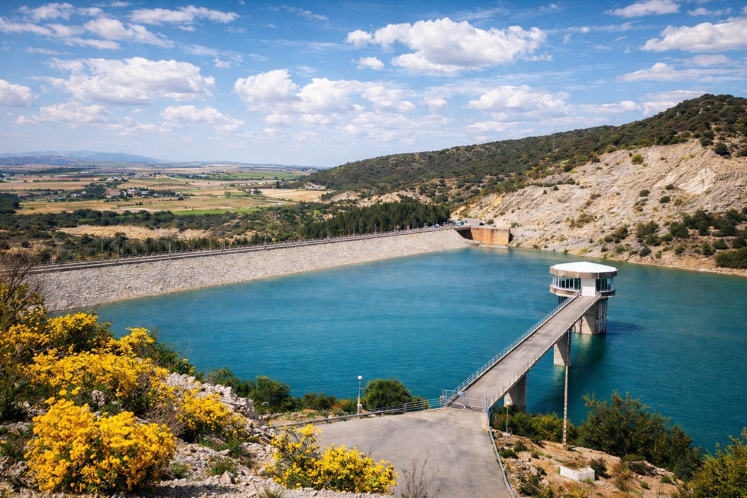 Vista aérea de la presa del embalse de Guadalcacín