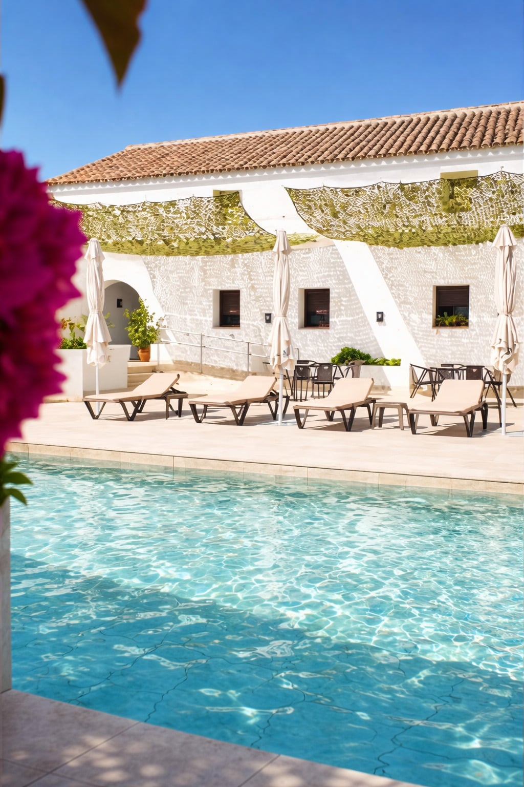 Terraza de verano con tumbonas junto a la piscina
